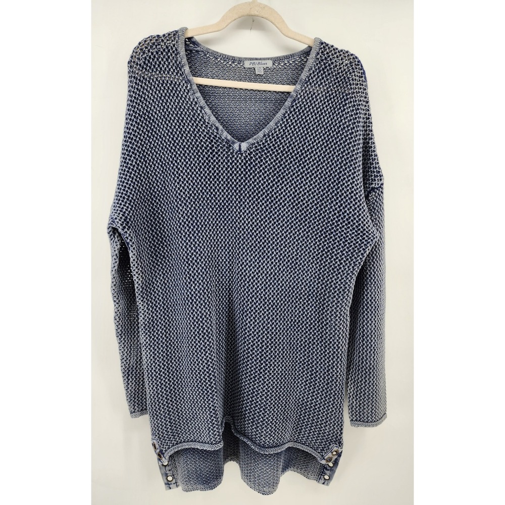PBJ Blues Blue White Textured Knit V-Neck Grommet Hem Tunic Sweater Size L
